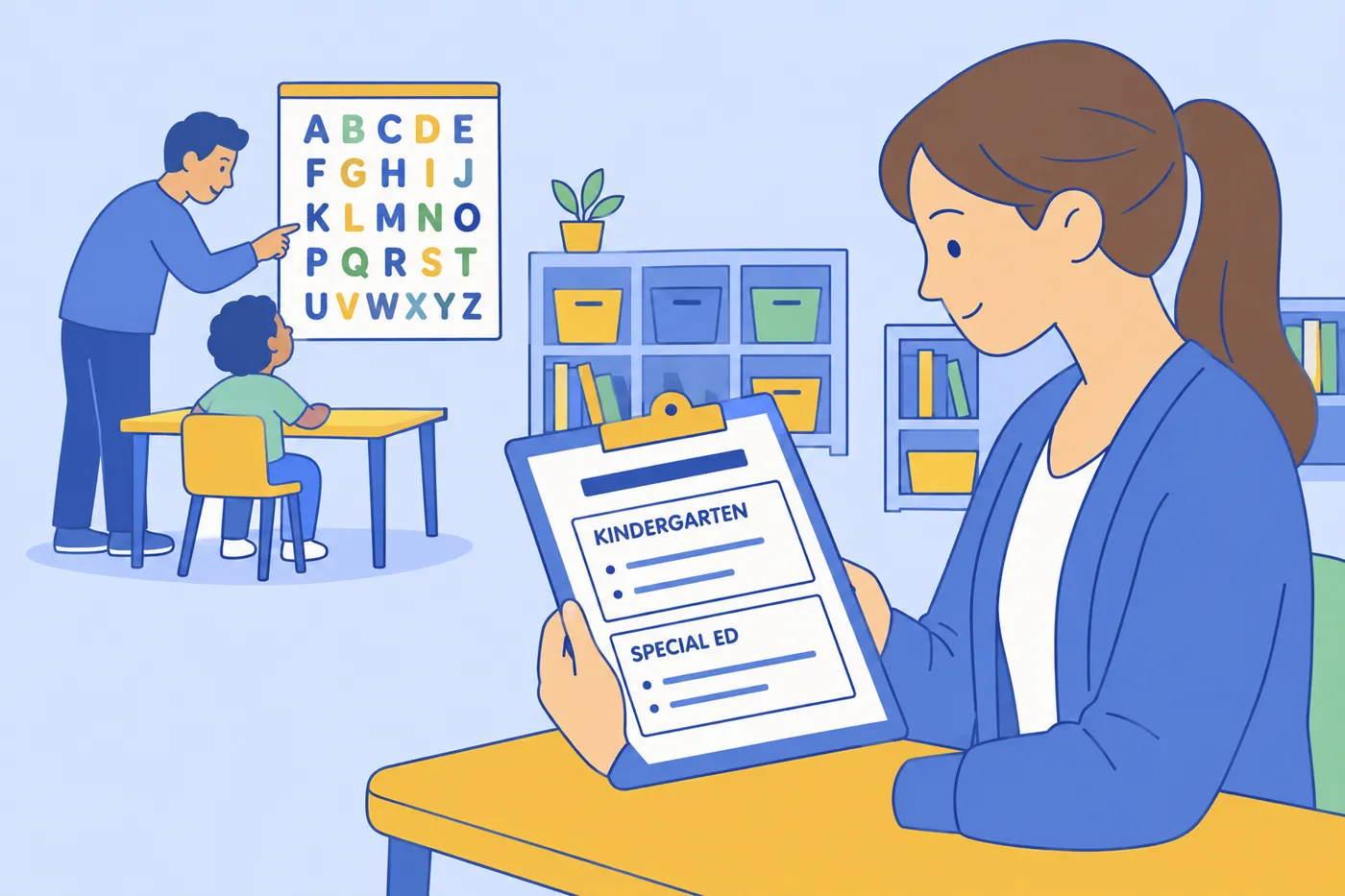 A teacher assistant reviews resume bullet options tailored for kindergarten or special education in a classroom.