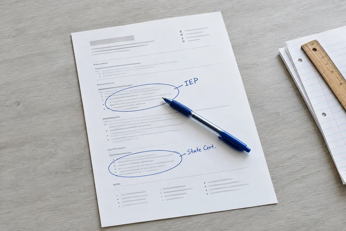 A teacher's resume on a wooden desk with key terms like IEP circled in blue ink next to a stack of school papers.