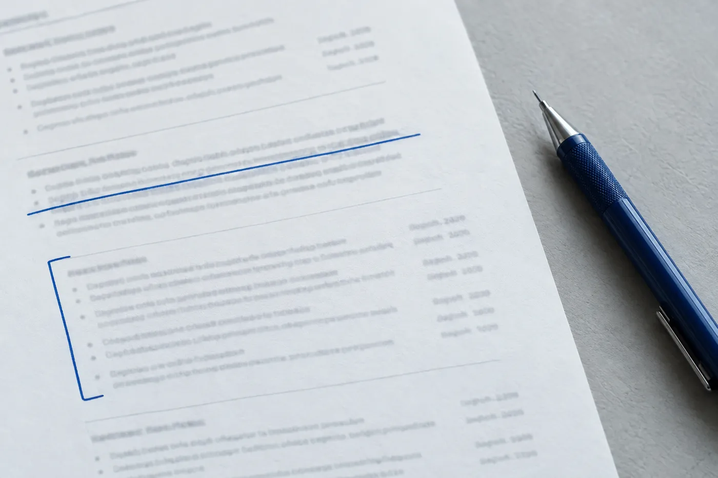 A close-up of a resume summary section where vague text is crossed out in blue ink, highlighting a structured technical niche.