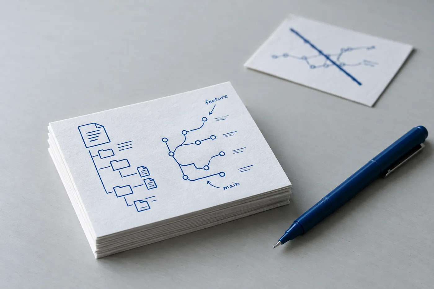 A neat stack of cards showing technical document structures in sharp focus, beside a discarded card crossed out in blue ink.