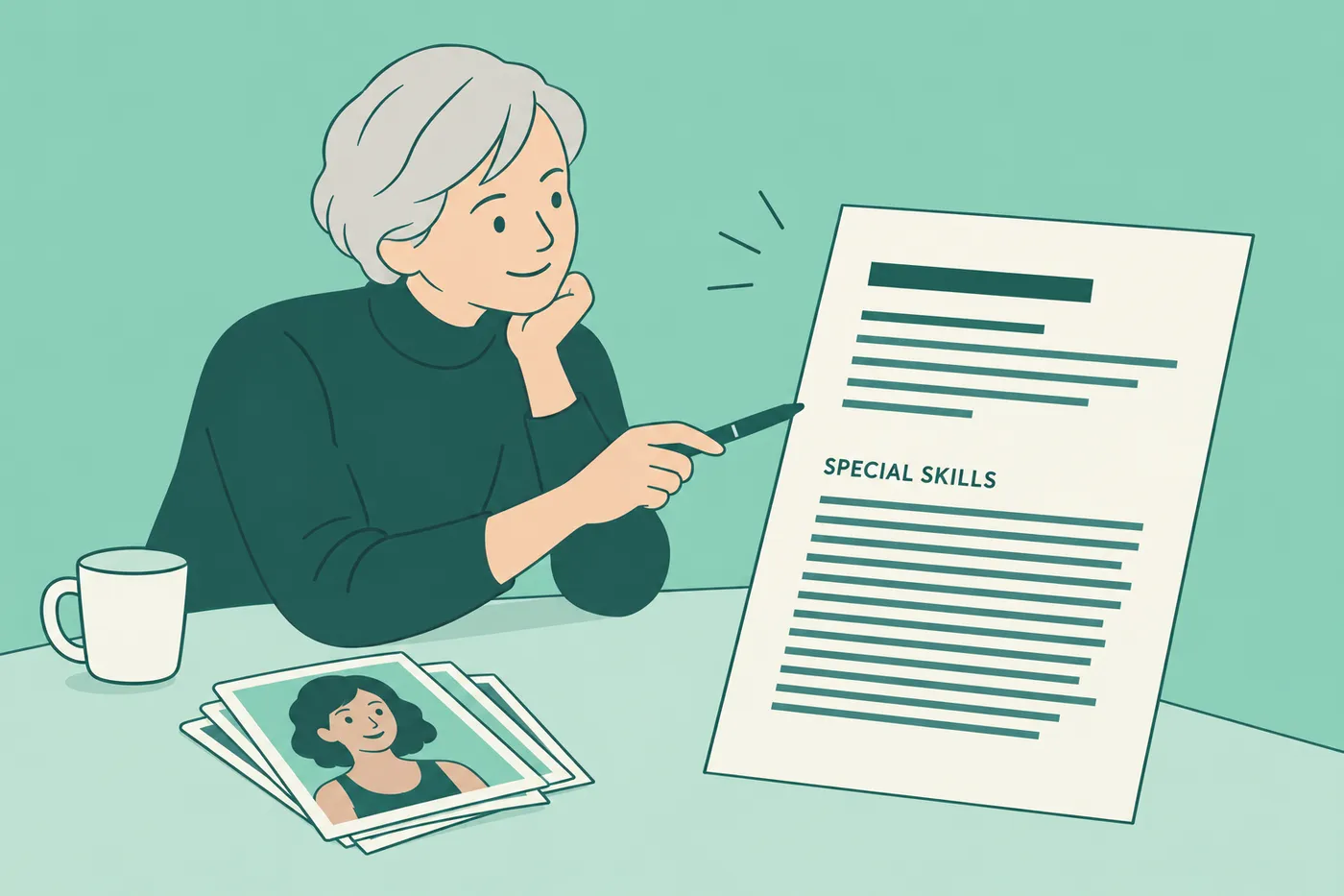 A casting director reviews the special skills section of a theatre resume at her desk, for an article on acting resumes.