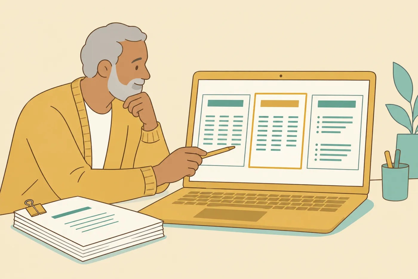 A man at a desk compares three distinct resume formats side by side on a large laptop screen, for an article on theatre resumes.
