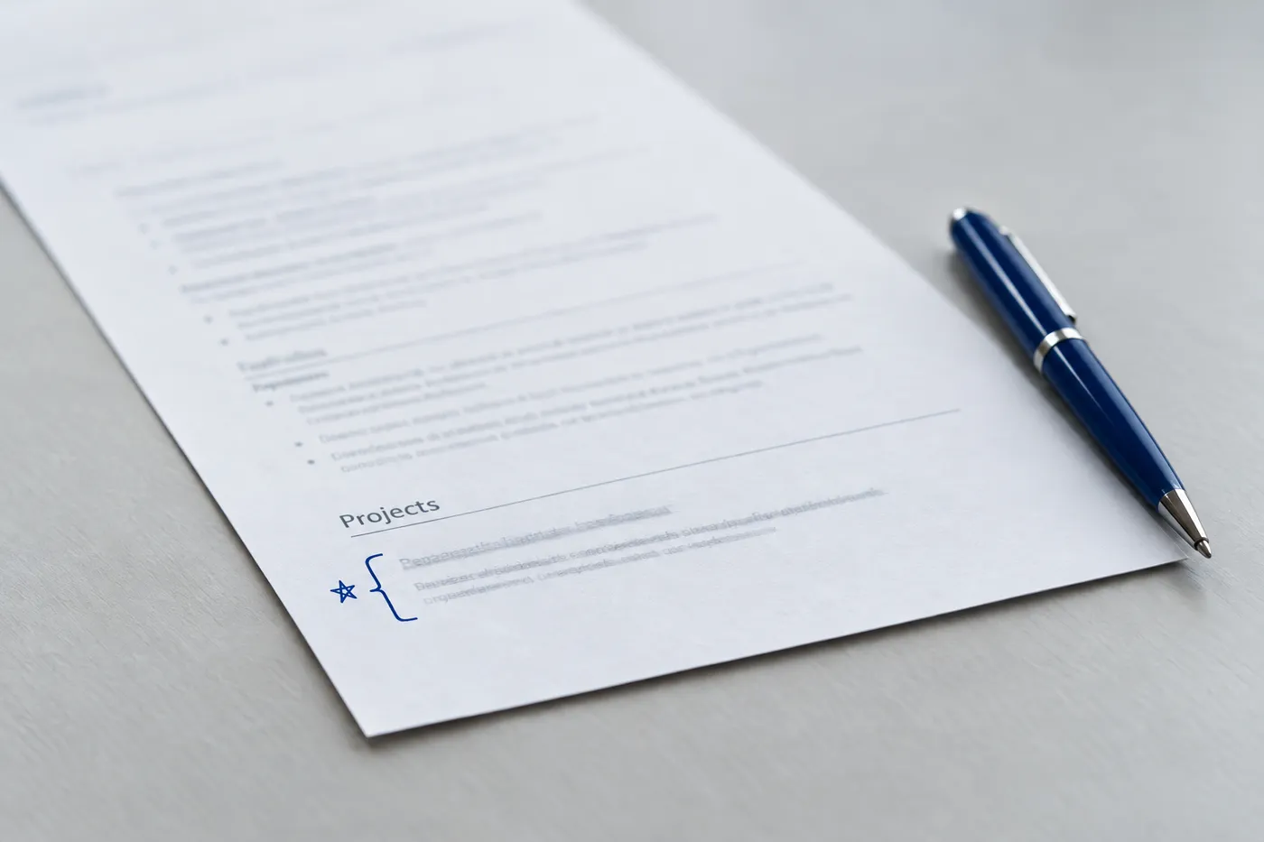 A printed developer resume on a desk with a hand-drawn blue bracket highlighting two project links under a project title.