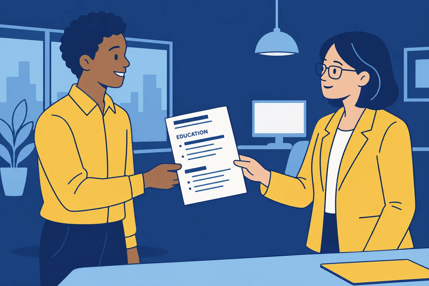 A job seeker hands a resume with the education section at the top to a recruiter, showing a layout tailored for a first job.