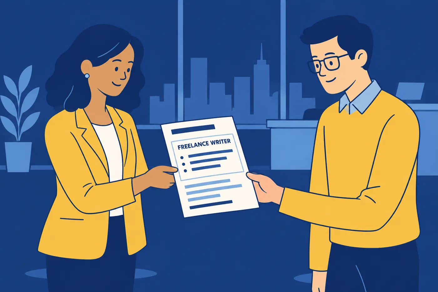 A job seeker hands her resume highlighting her freelance writer experience to an interviewer to show continuous employment.