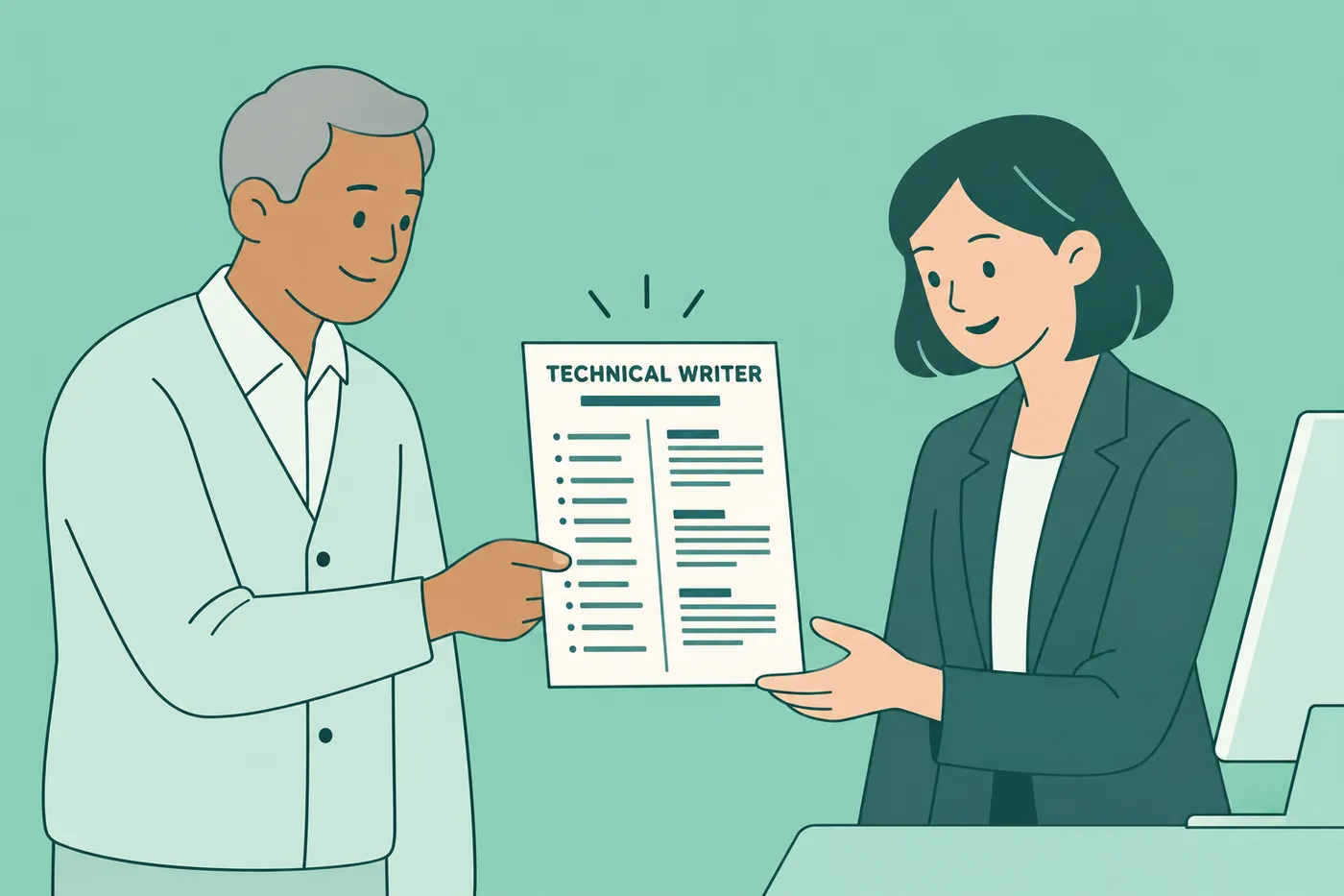 A technical writer in his sixties hands his resume to a hiring manager, illustrating writer resume variants.