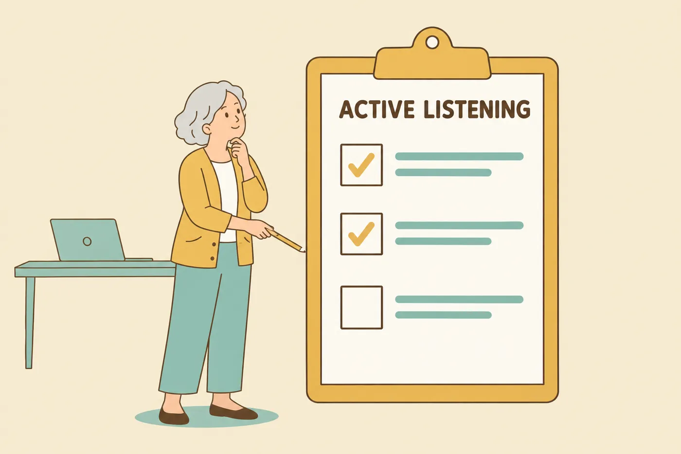 A woman in her sixties self-assesses her active listening skills using a giant checklist with ticked boxes.