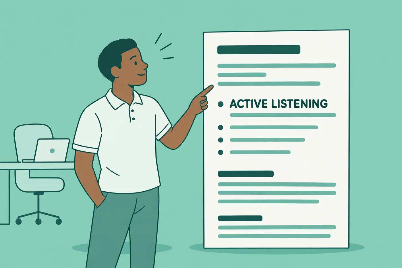 A man points to the active listening skill highlighted on a giant resume, showing how to feature the skill on a CV.