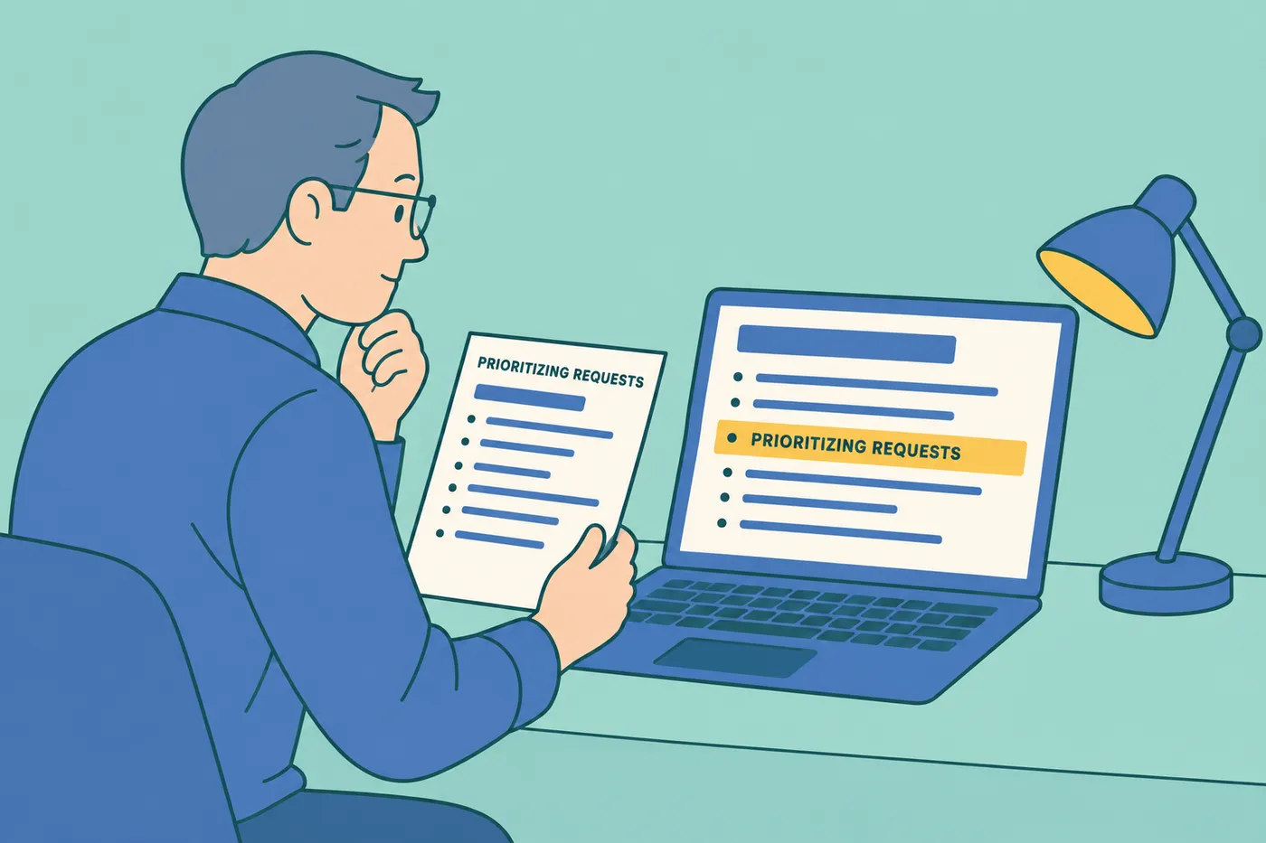 An administrative assistant compares his resume to a job posting highlighting prioritizing requests as a key skill.