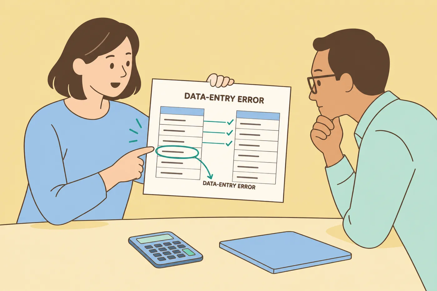 A woman points out a data-entry error on a reconciliation sheet to her colleague, for an article on practicing analytical skills.