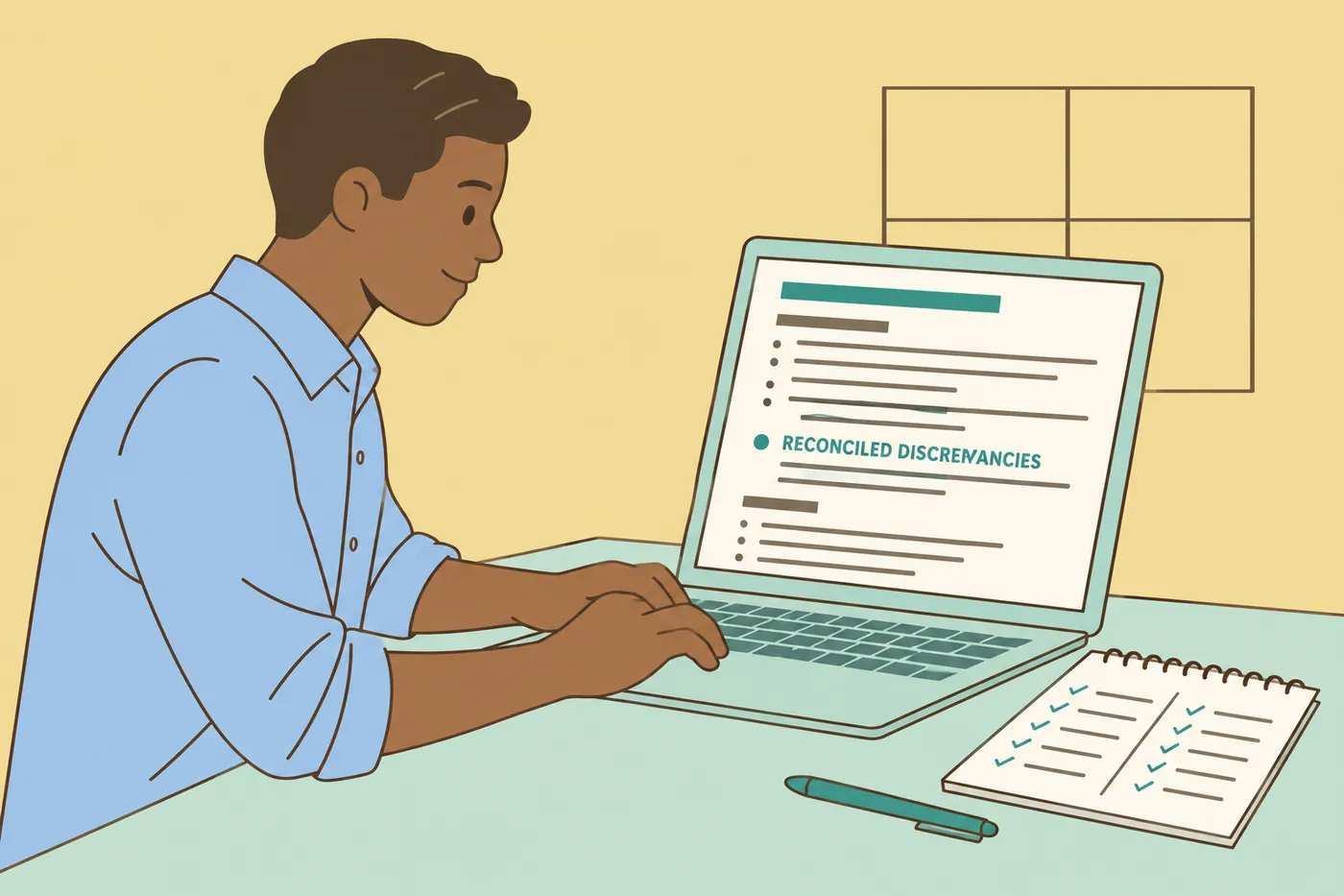 A job seeker drafts a resume on his laptop with 'RECONCILED DISCREPANCIES' highlighted, illustrating how to show analytical skills.