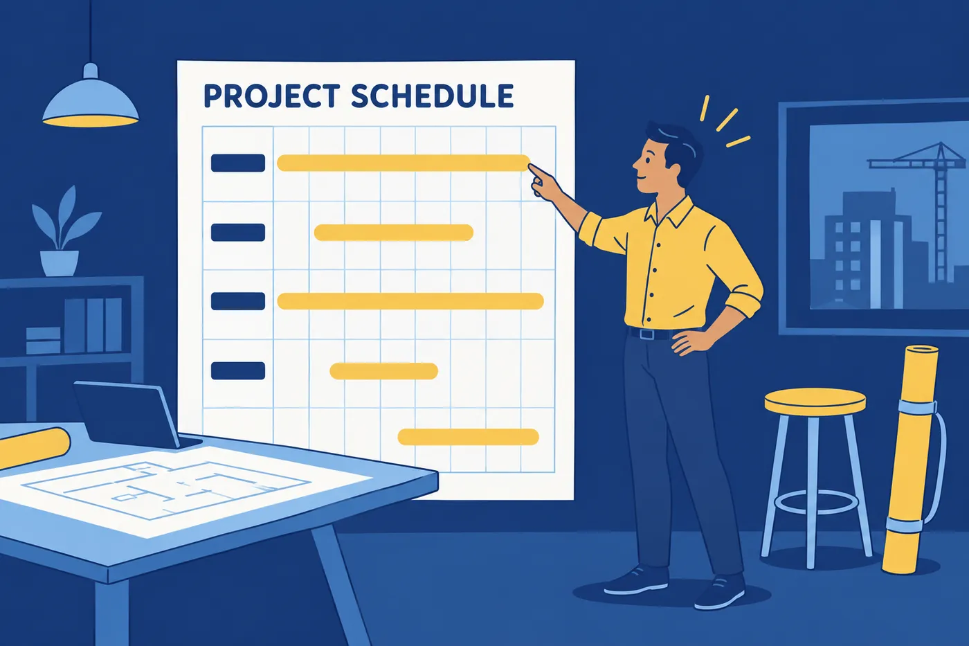 An architect points at a giant project schedule board, illustrating project and business skills for an architect resume.