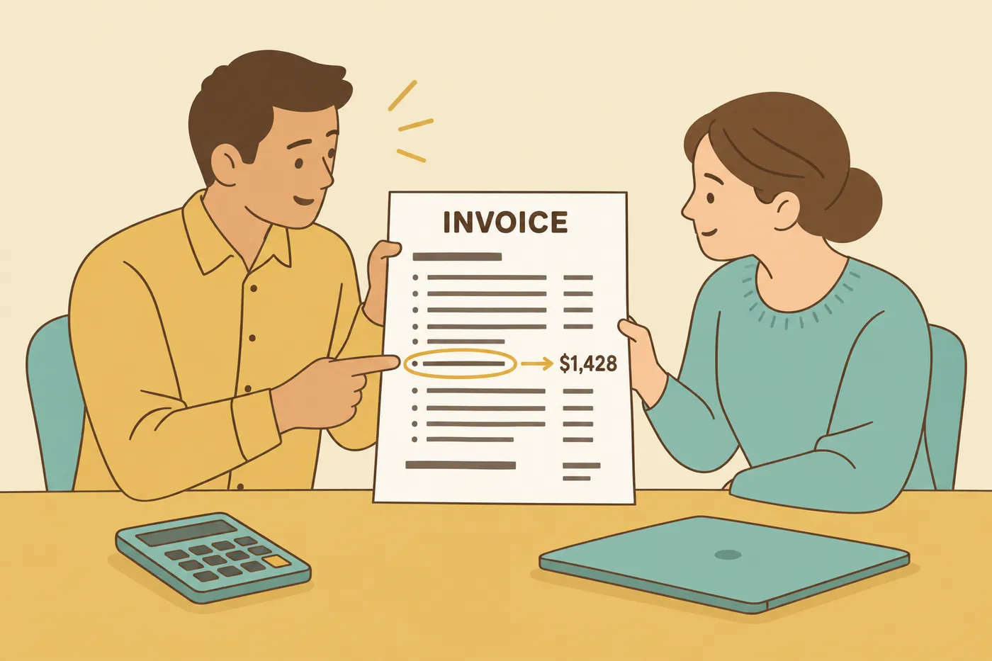 Two colleagues at a desk review an invoice, pointing out a corrected calculation to demonstrate attention to detail.