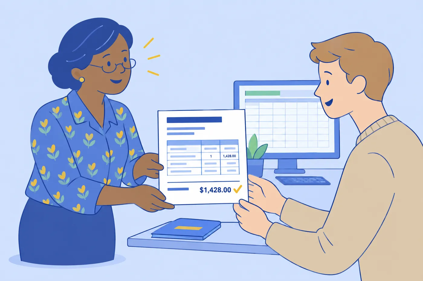 An experienced employee hands a verified invoice with a corrected total of $1,428.00 to a colleague.