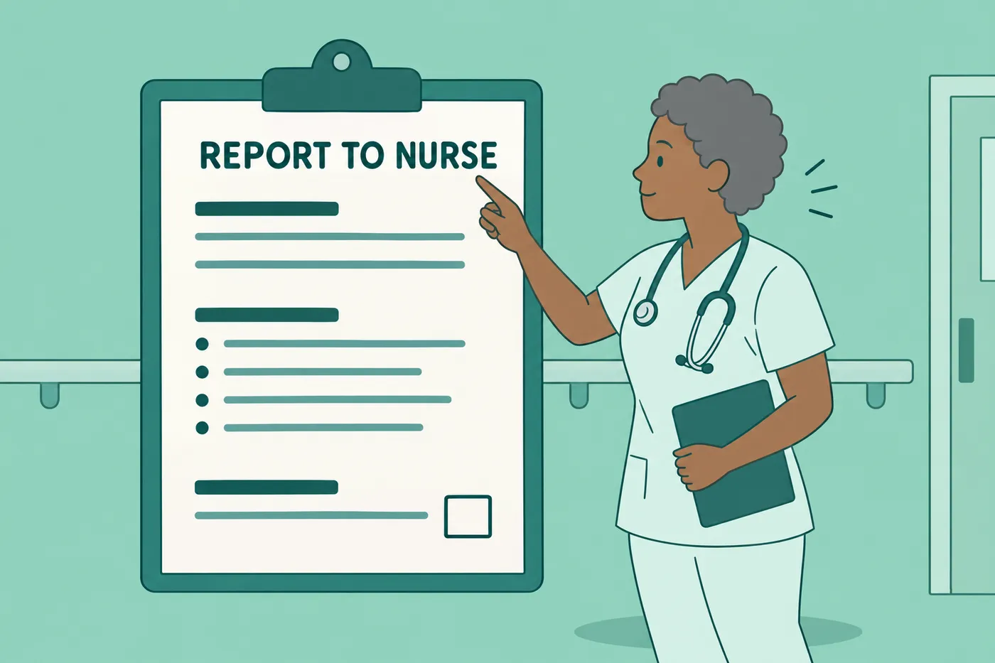 A nursing assistant points to a giant clipboard labeled 'REPORT TO NURSE' to show clinical communication skills.