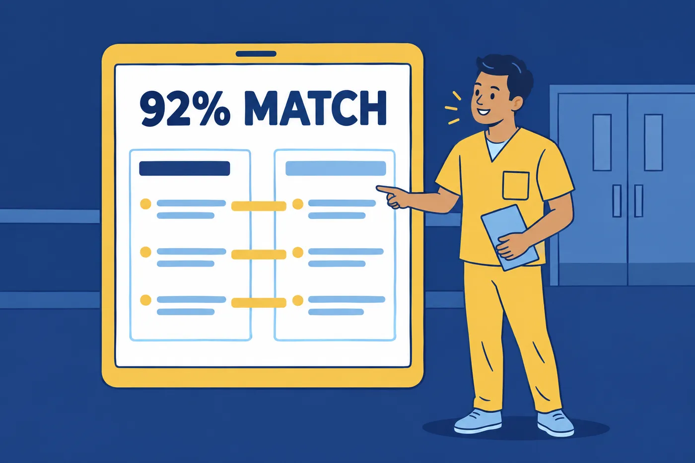 A nursing assistant in scrubs points to a giant screen showing a ninety-two percent keyword match between a job posting and a resume.
