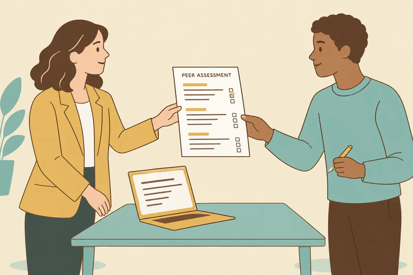 A woman hands a peer assessment sheet to a colleague in an office, for a guide on testing communication skills.