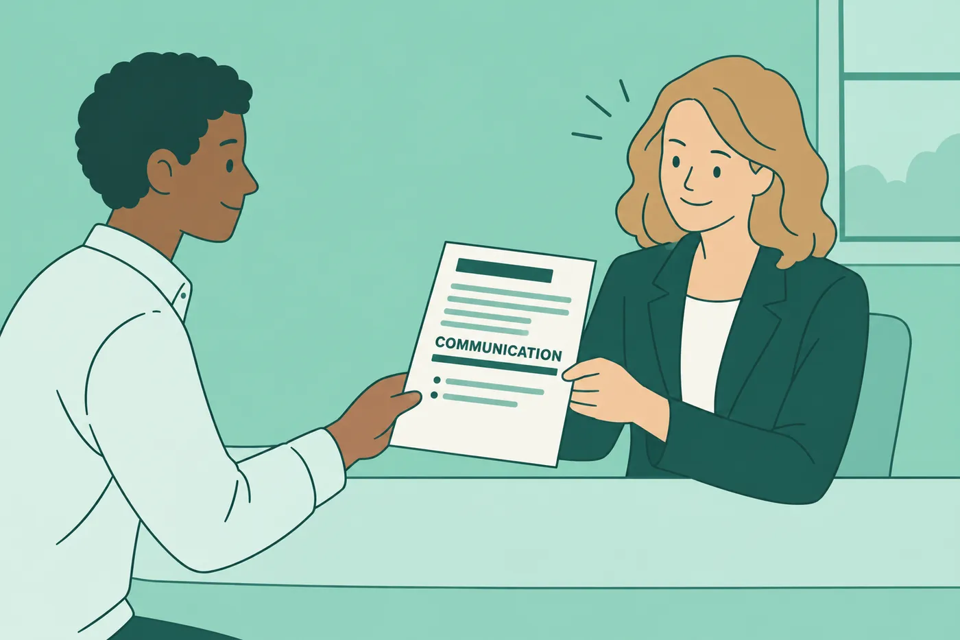 A job seeker hands a resume highlighting communication skills to a hiring manager, for an article on resume skills.