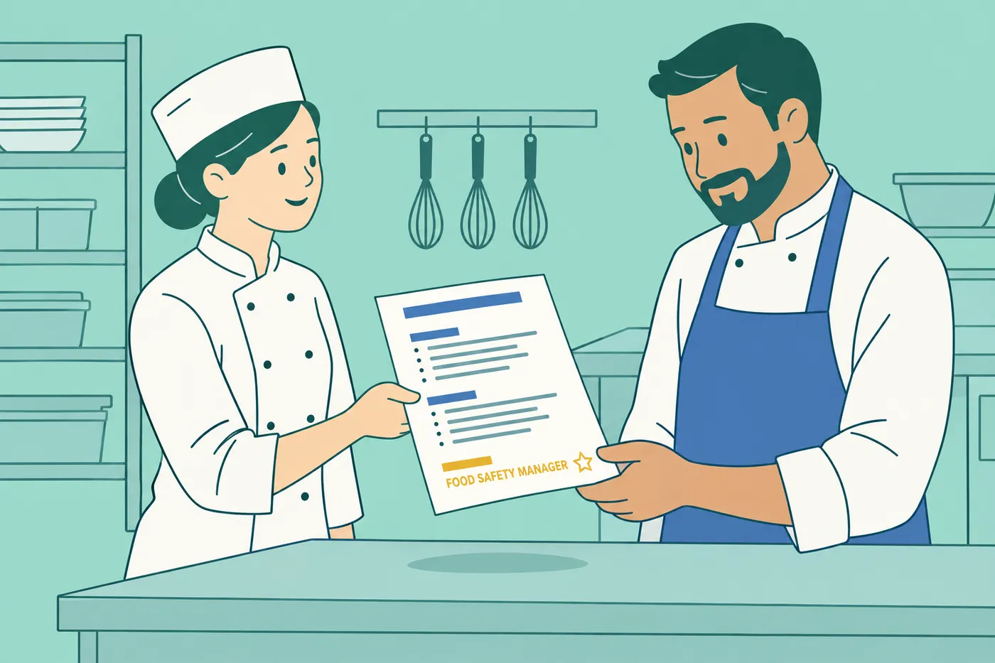 A cook candidate hands her resume to a kitchen manager, highlighting a food safety manager credential.