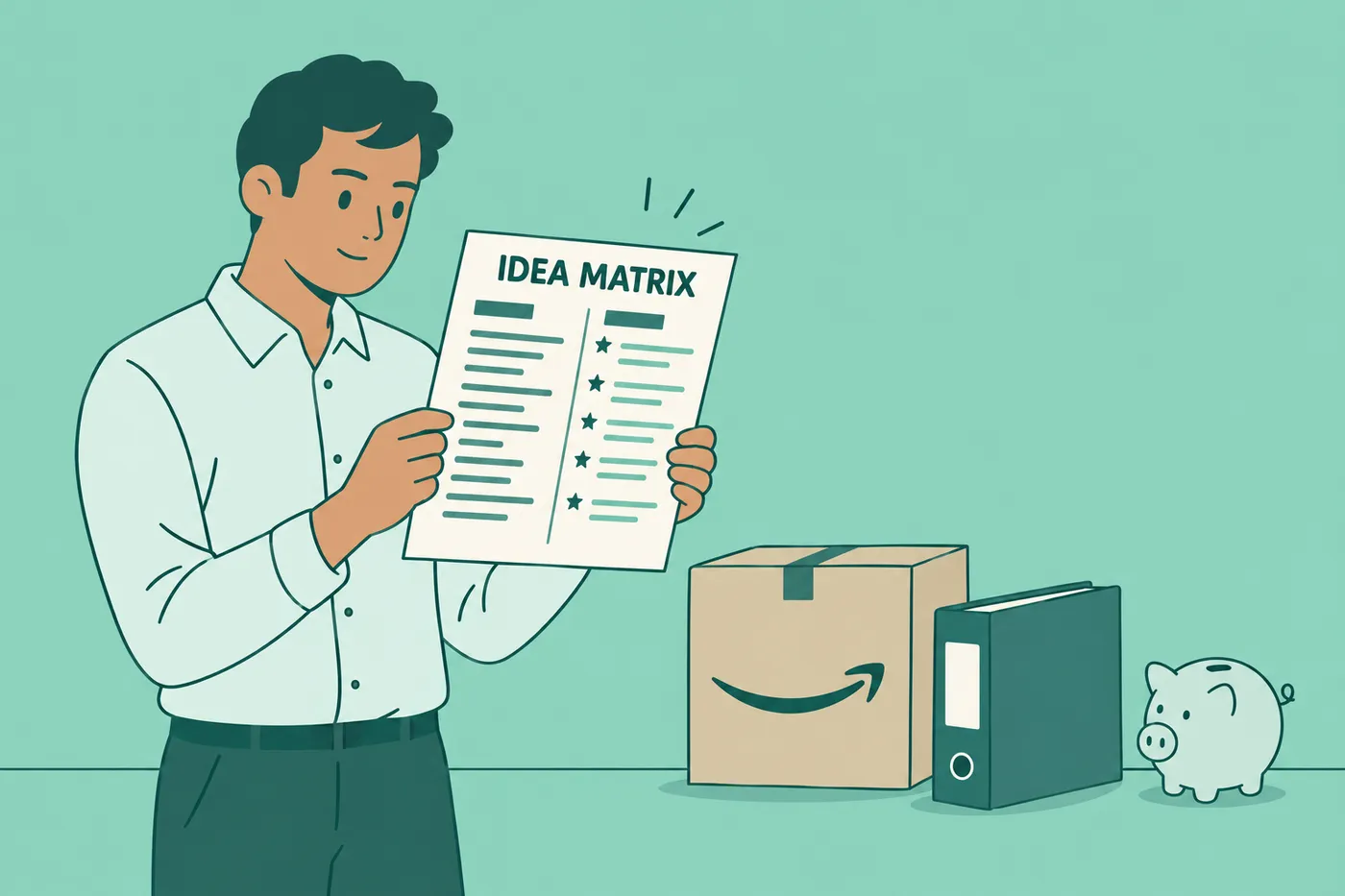 An analyst holds an idea matrix sheet next to a box, a report binder, and a piggy bank, representing skill building.