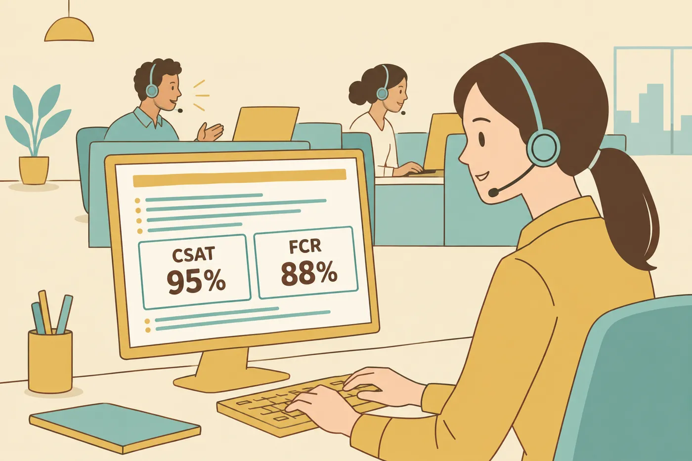 A customer service agent looks at a dashboard showing high CSAT and FCR metrics, for an article on resume skills.