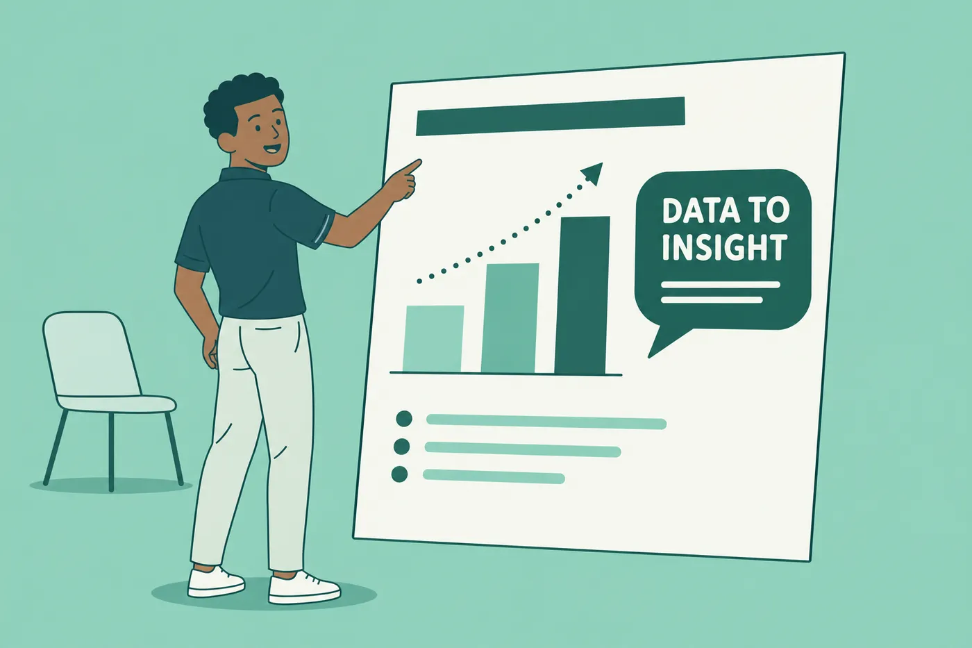 A data scientist points to a giant presentation slide showing data turned to business insight, illustrating communication skills.