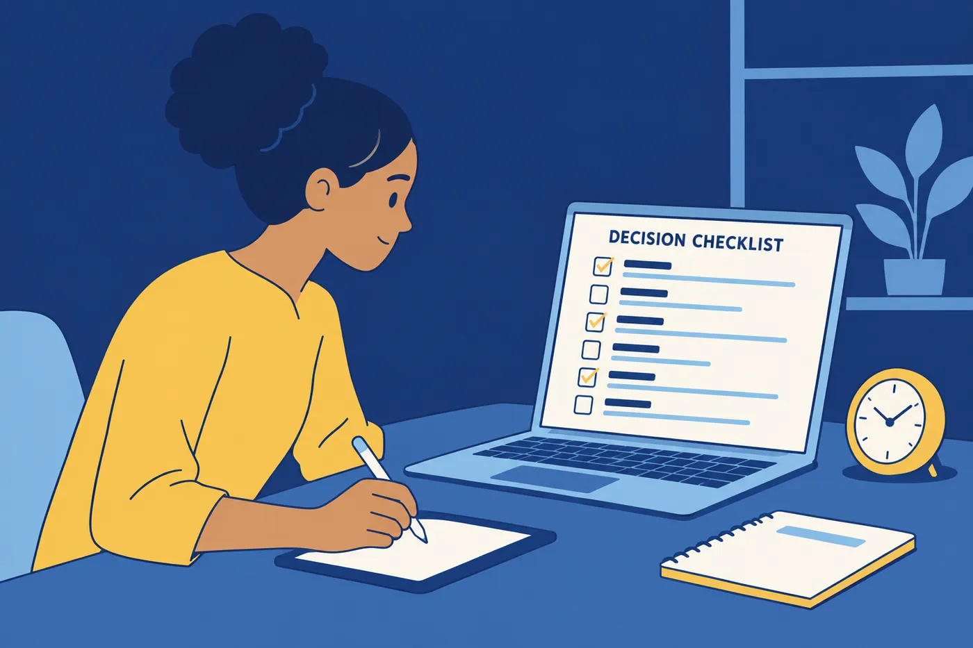 A woman assesses her choices on a laptop screen showing a decision checklist, for a guide on decision-making skills.