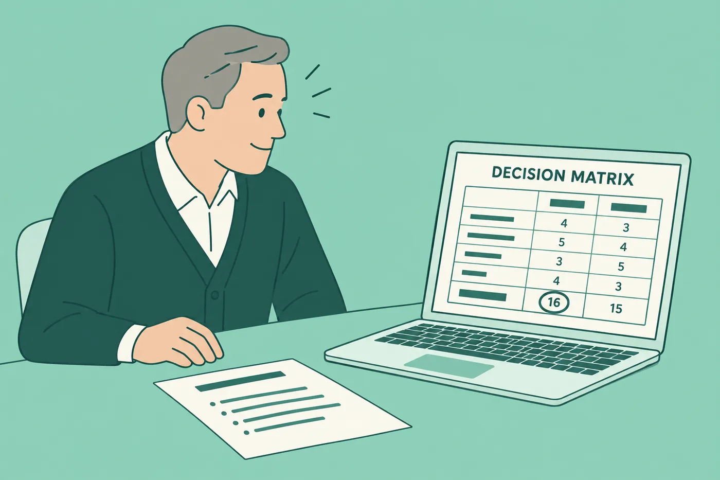 A job seeker reviews a decision matrix on his laptop to add evidence of his decision-making skills to his resume.