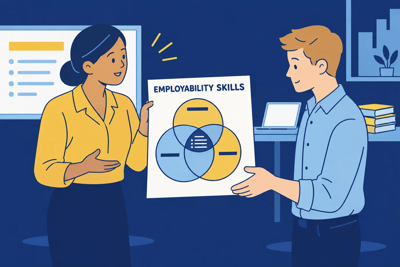 A professional hands a Venn diagram of employability skills to a colleague, illustrating how different skill terms overlap.