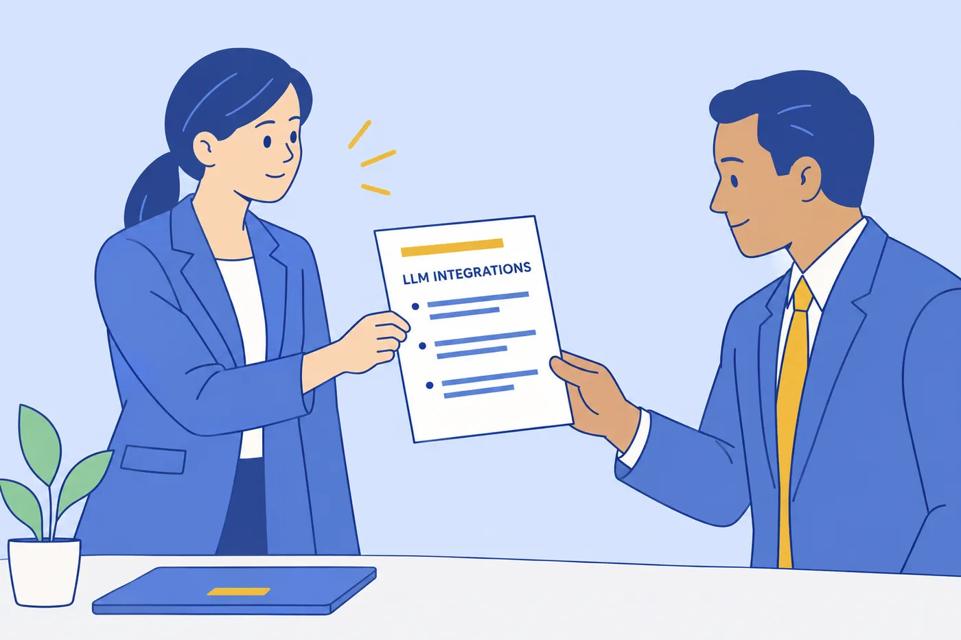 A software engineer hands a resume highlighting an 'LLM Integrations' section to a hiring manager during an interview.