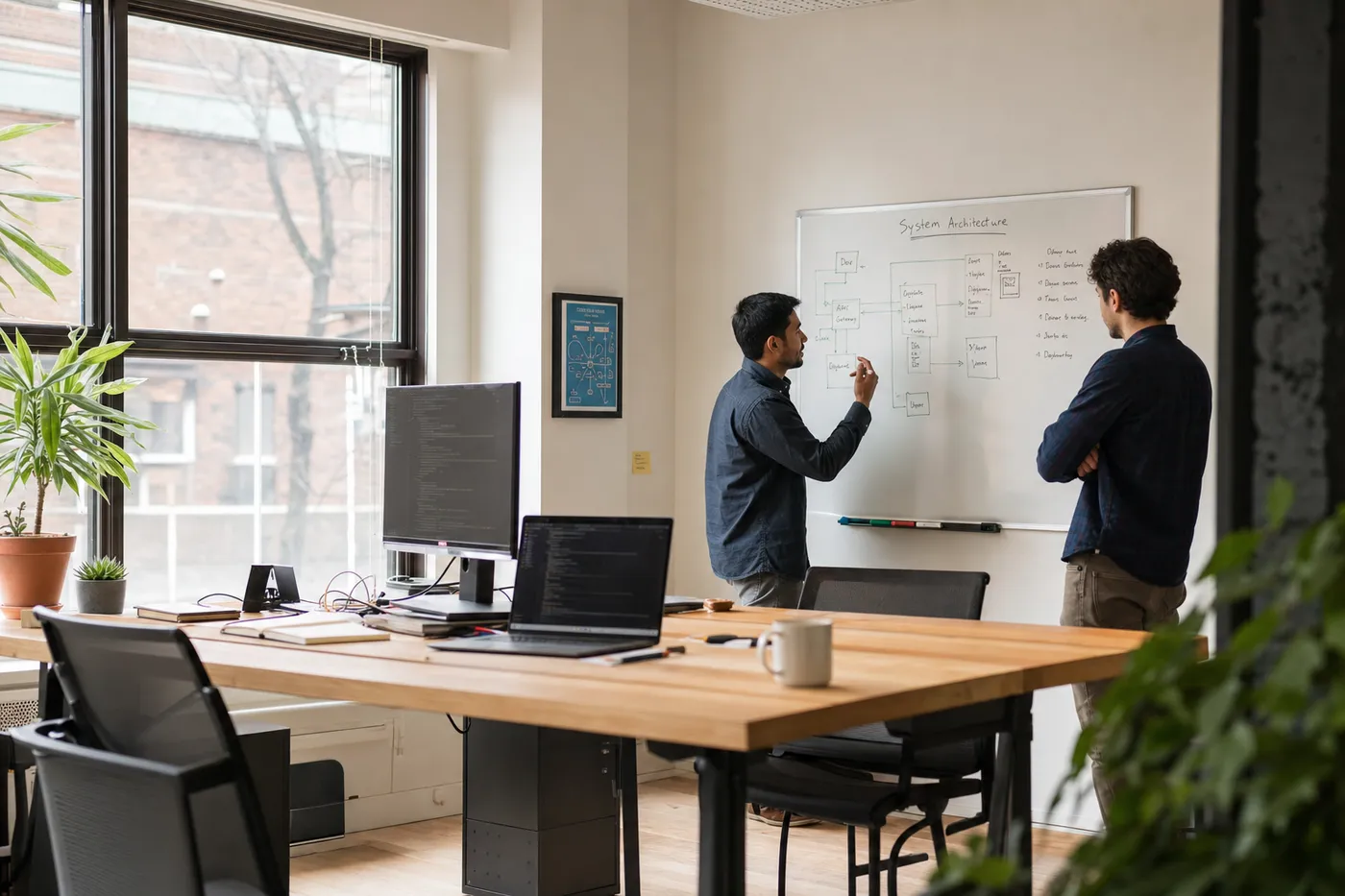 A software engineer collaborates with a colleague in a bright office, planning an AI integration on a whiteboard.