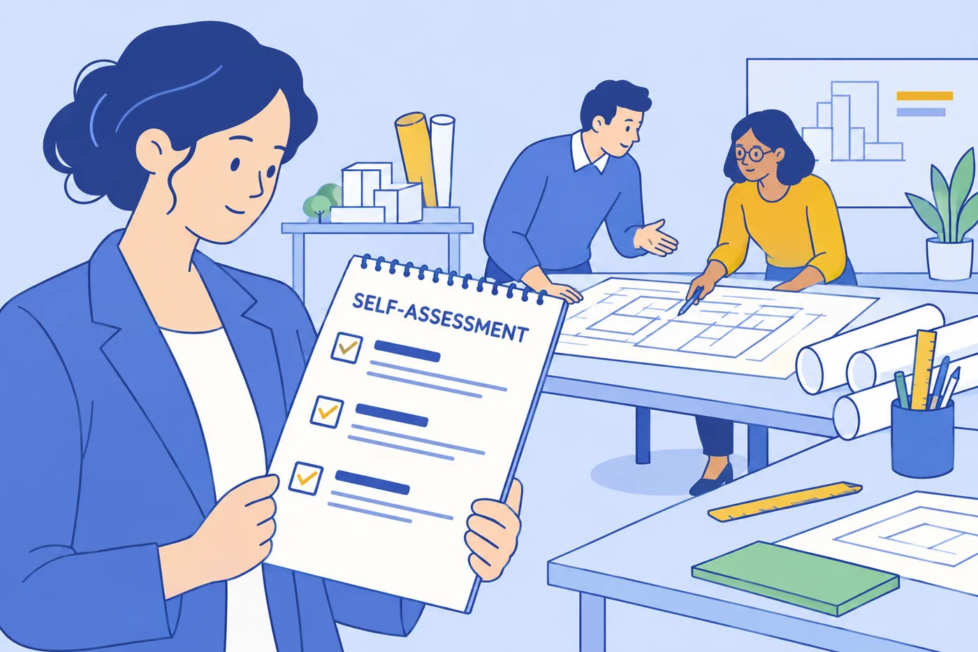 A woman fills out an interpersonal skills self-assessment checklist in a design studio while colleagues collaborate behind her.