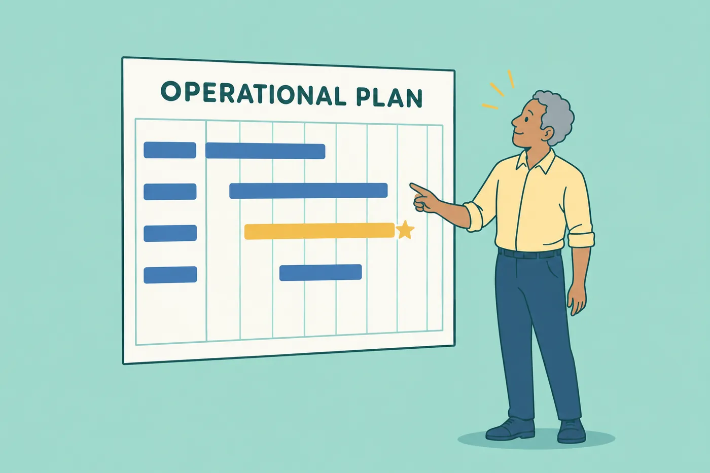 A manager reviews a giant operational project timeline, representing operational management and planning skills.