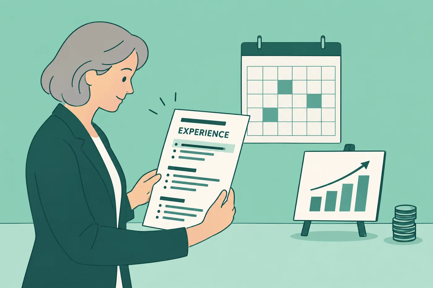 A woman in her sixties reviews a resume highlighting her management experience, surrounded by planning and budgeting props.