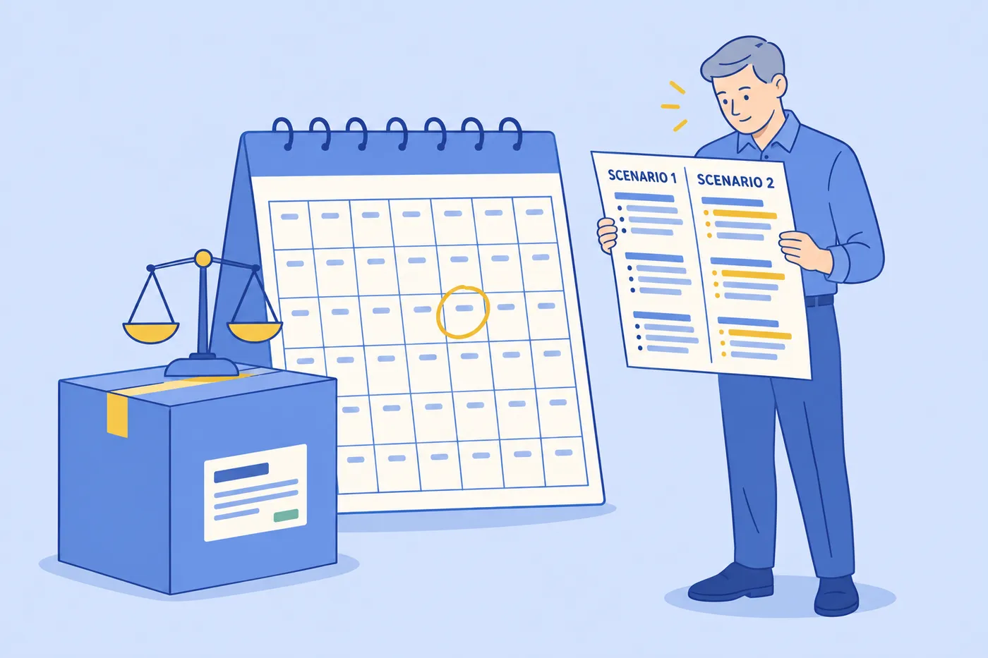 A man reviews negotiation scenarios next to a giant calendar and shipping box, for an article on negotiation skills.
