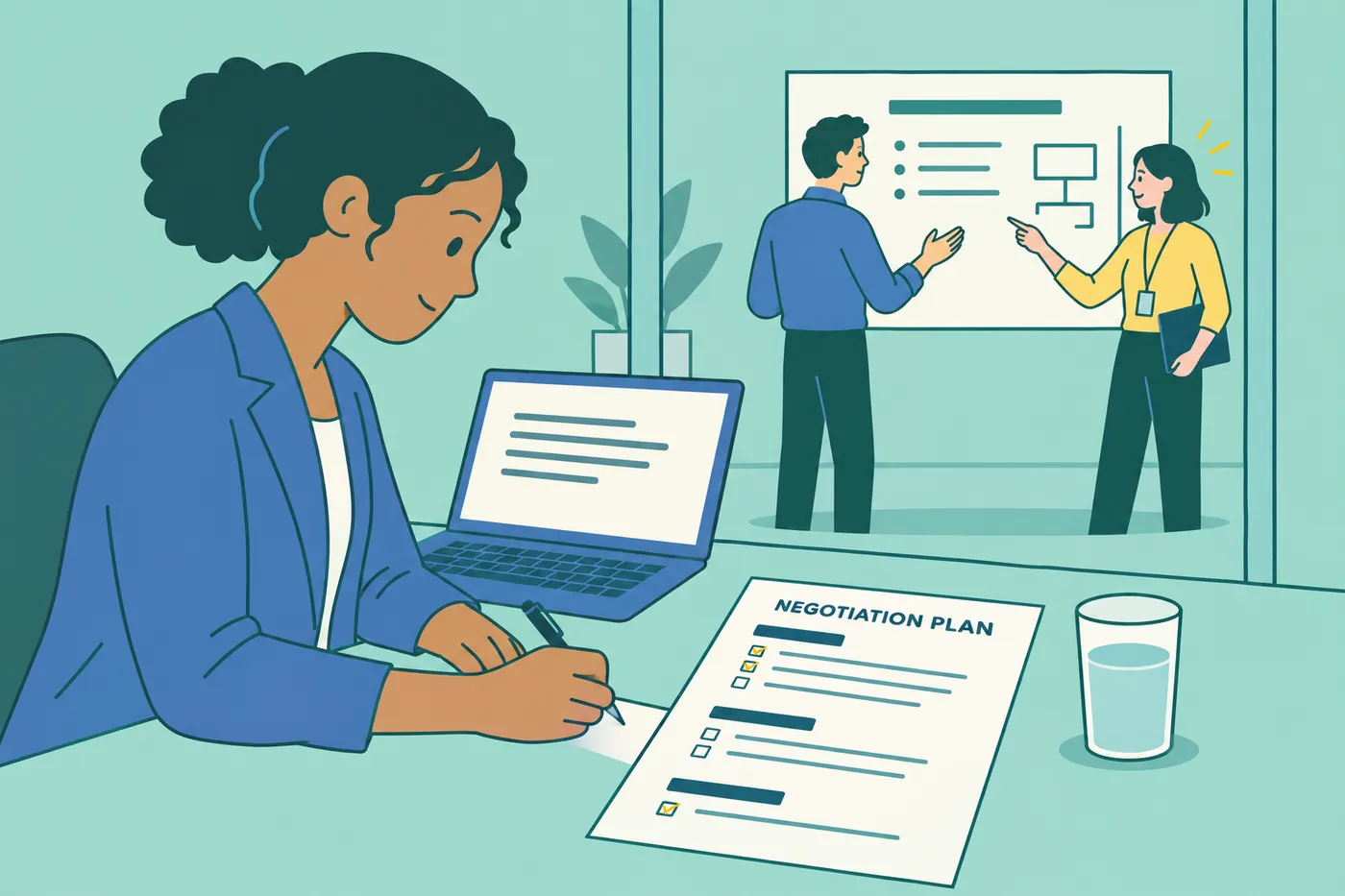 A woman fills out a printed negotiation plan at her office desk while colleagues prepare a meeting room in the background.