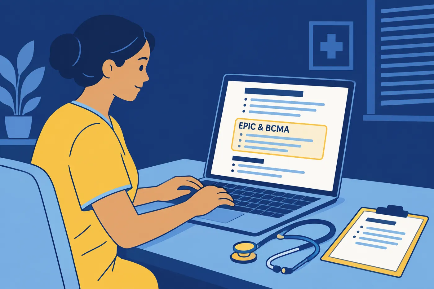 A nurse in scrubs reviews her resume on a laptop, highlighting her experience with Epic and BCMA charting systems.