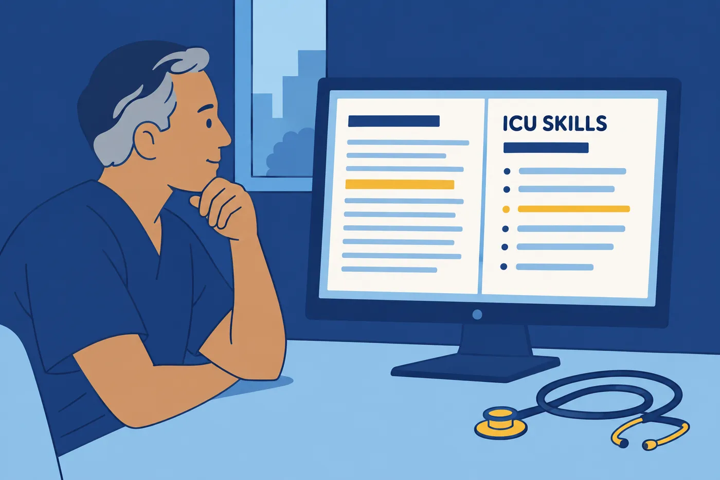 An experienced nurse compares a job posting to his resume to match his ICU skills, for a guide on resume tailoring.