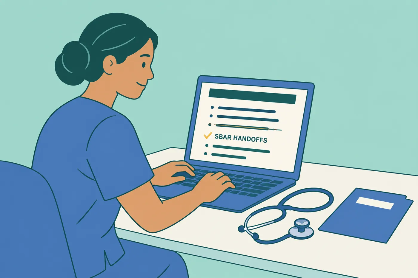 A nurse in scrubs edits her resume on a laptop, replacing generic soft skills with SBAR handoffs.