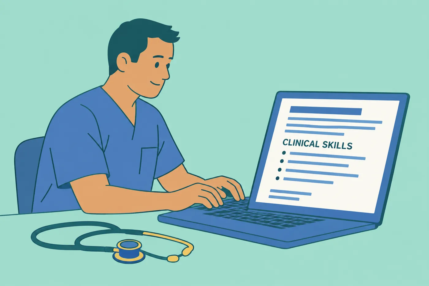 A nurse updates the clinical skills section on his resume laptop screen, for an article on nursing resume layout.
