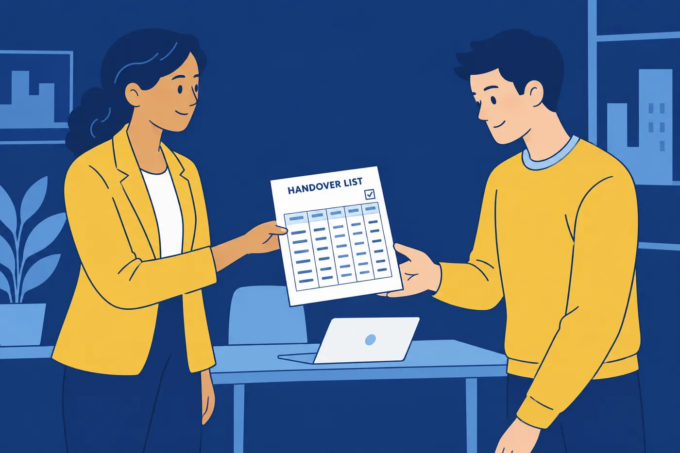 A woman hands a clear handover list to a colleague, demonstrating a structured system for organizing and transferring work.