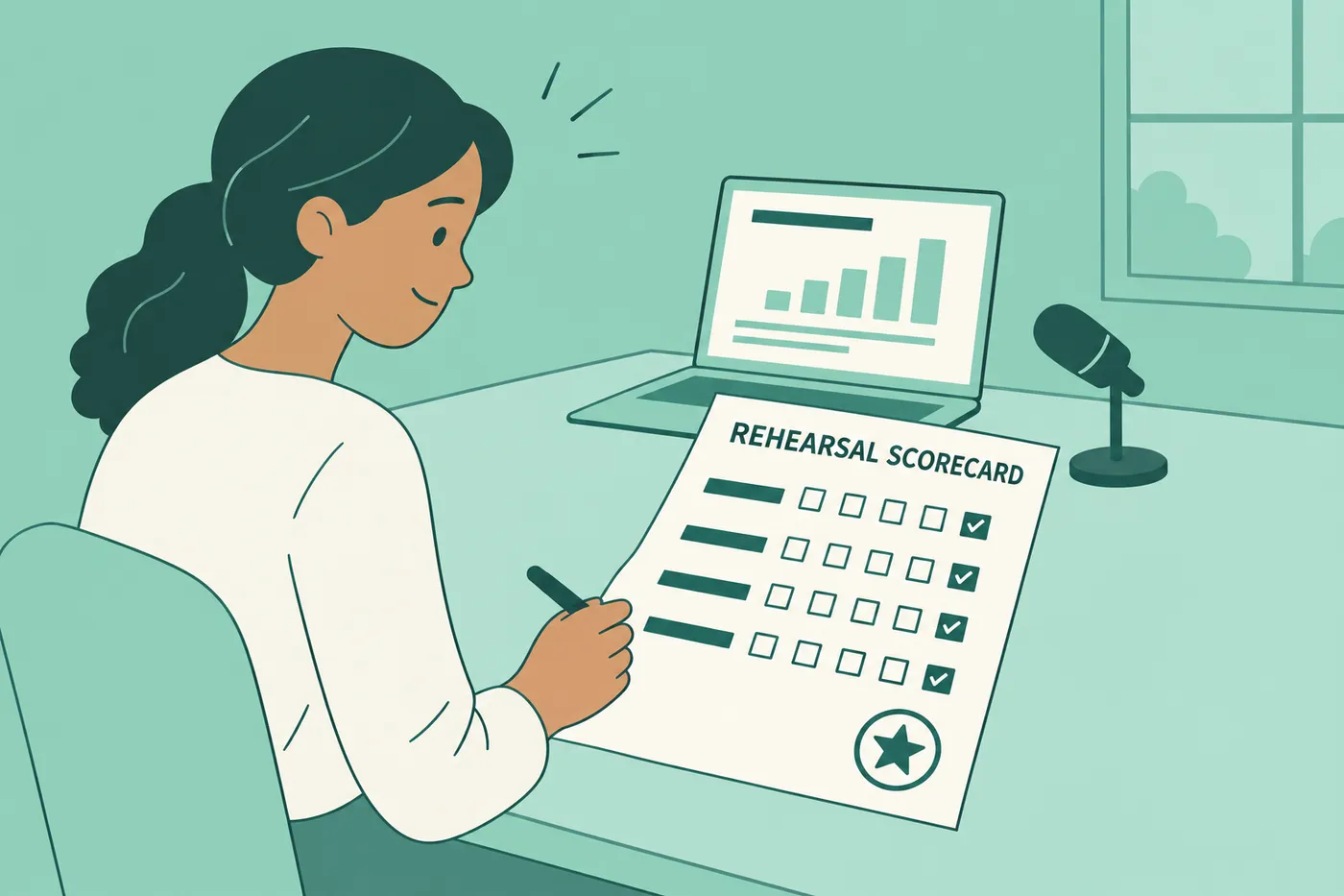 A woman scores her presentation practice on a rehearsal scorecard, for a guide on presentation delivery.