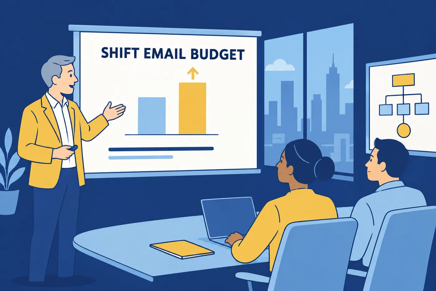 A man in his fifties presents a slide with a chart to colleagues in a meeting room, illustrating presentation skills.