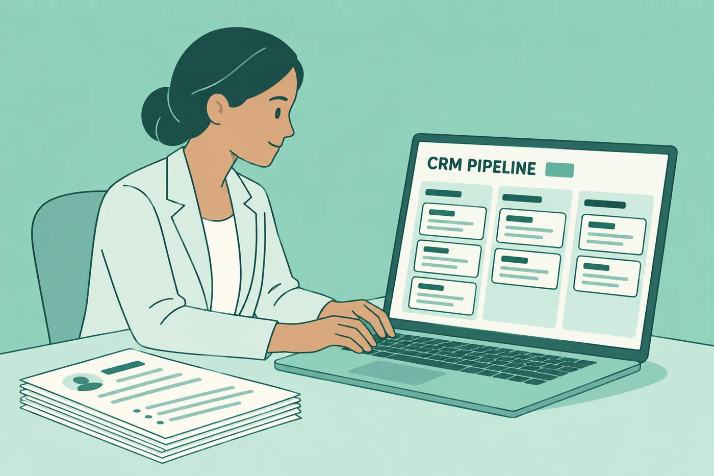 A sales professional manages a CRM pipeline on her laptop, illustrating CRM discipline and pipeline management.