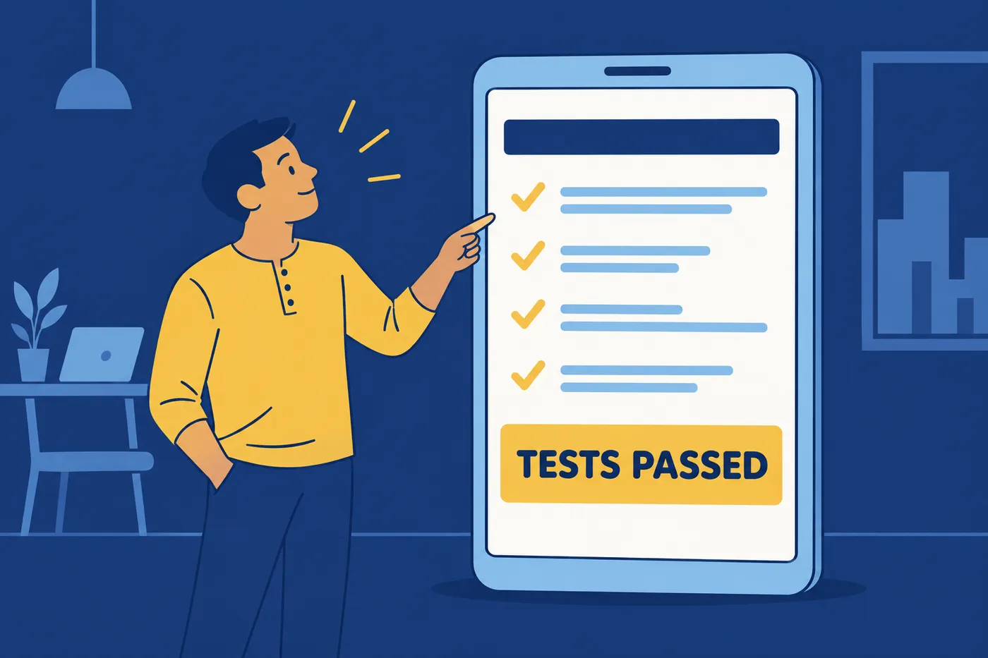 A software engineer points to a giant screen displaying 'TESTS PASSED' to showcase code quality skills on a resume.