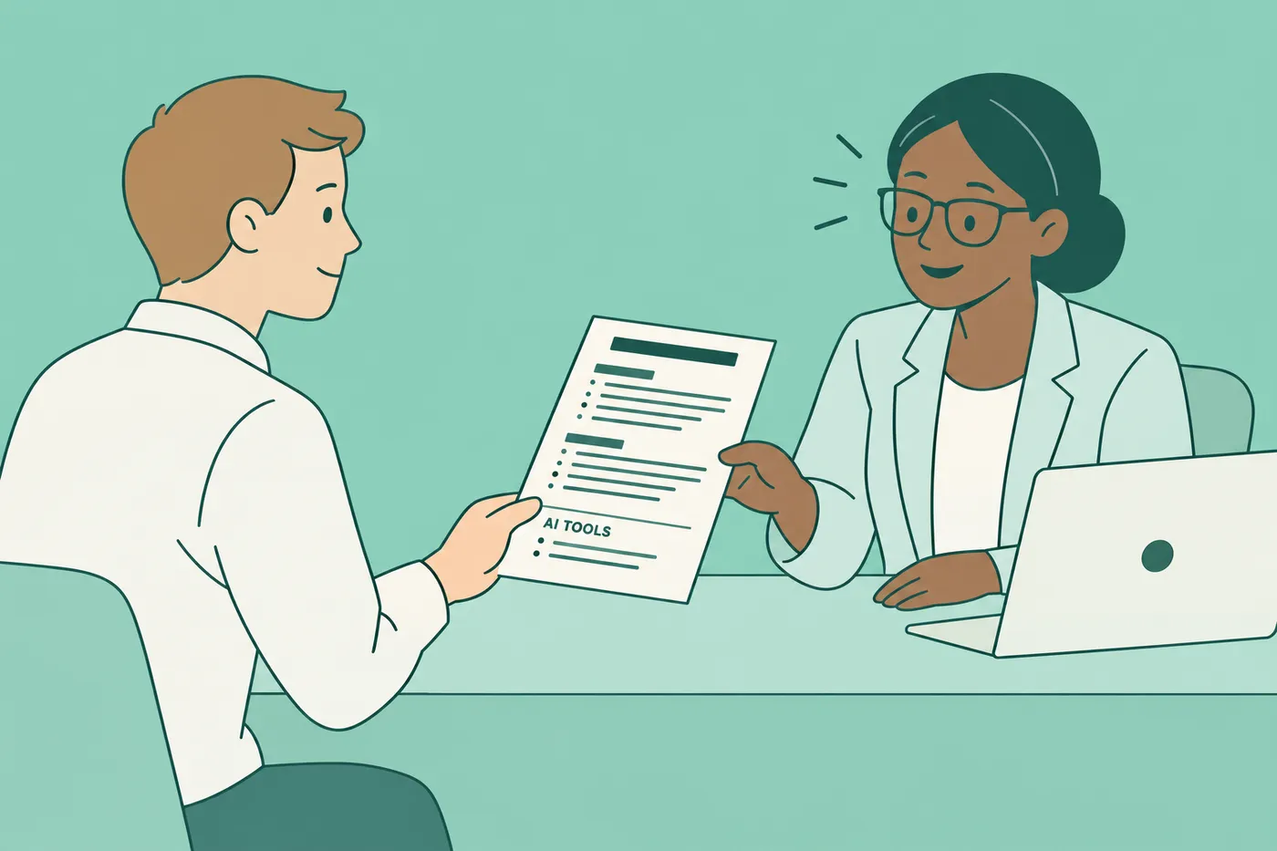 A software engineer candidate hands a resume with an AI tools section to a hiring manager.