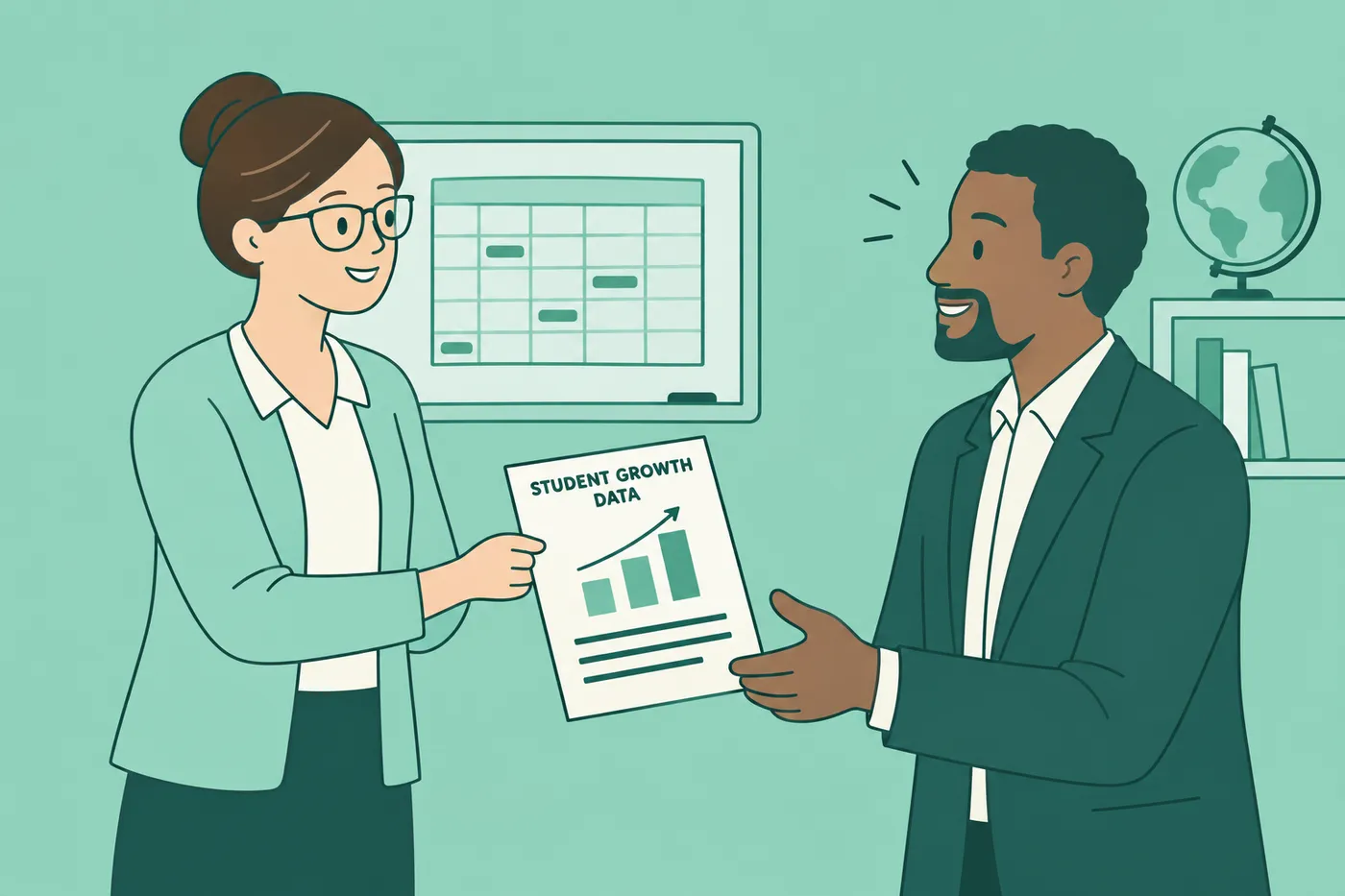 A teacher hands a student growth data report with a rising progress chart to an administrator.