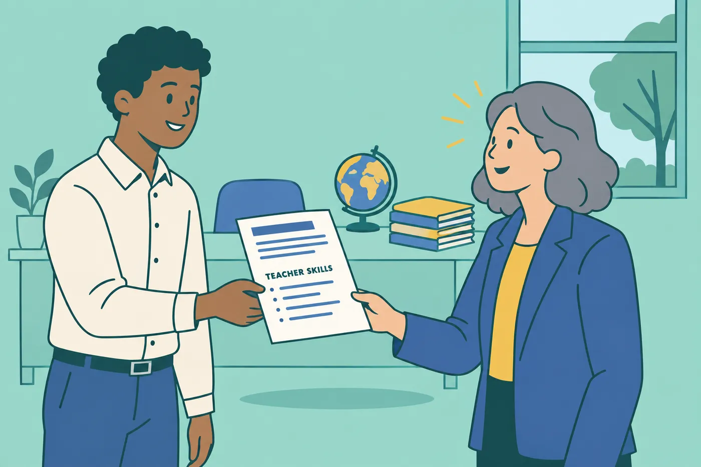 A young Black teacher candidate hands his resume, featuring a highlighted "TEACHER SKILLS" section, to a school principal.