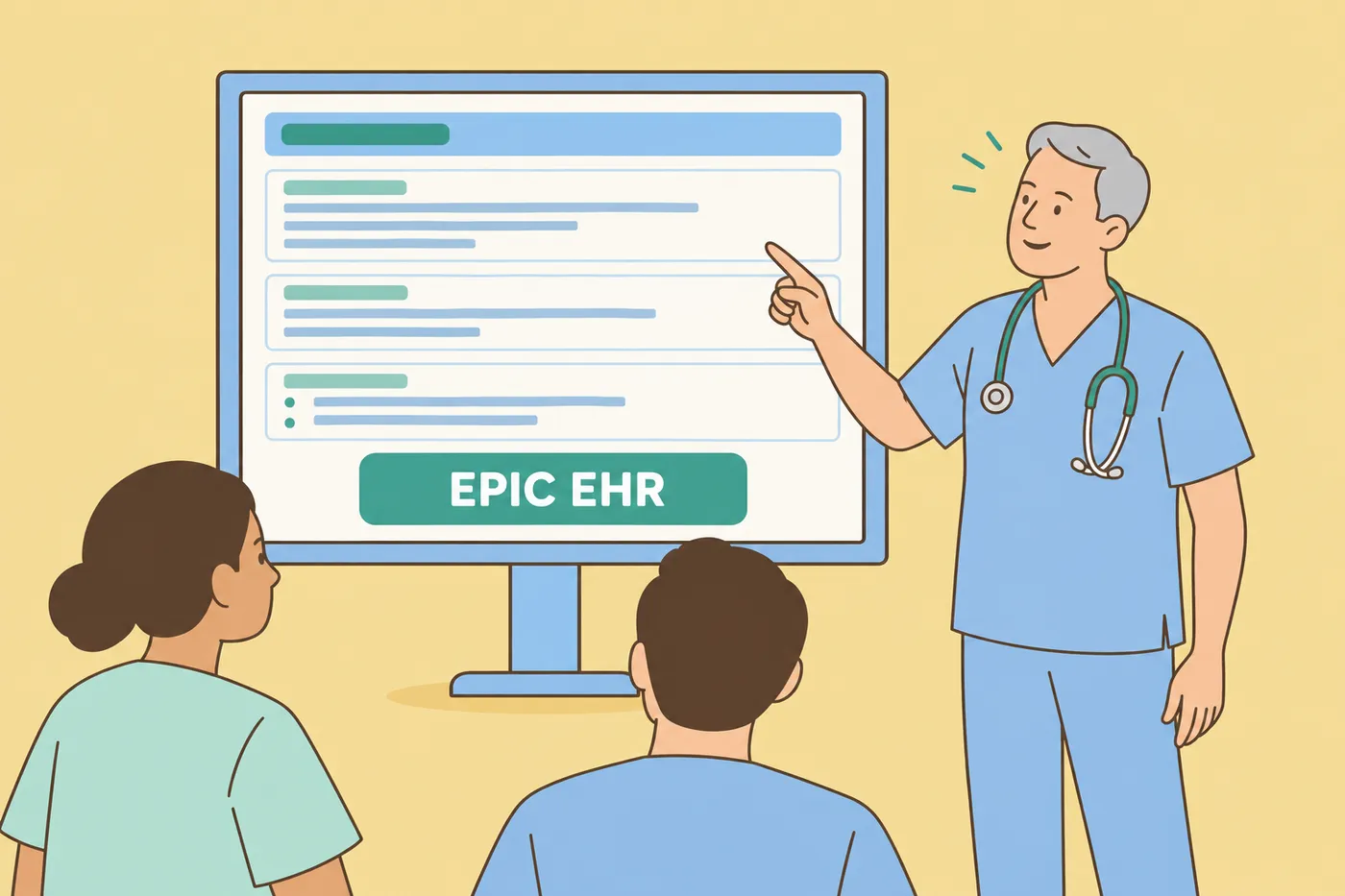 A nurse points at a giant medical monitor displaying Epic EHR software, illustrating healthcare technical skills for a resume.