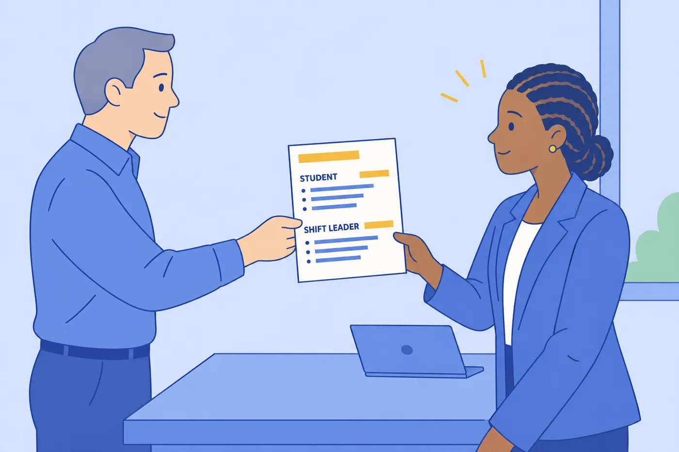 A candidate hands a resume showing overlapping student and shift leader roles to an interviewer.
